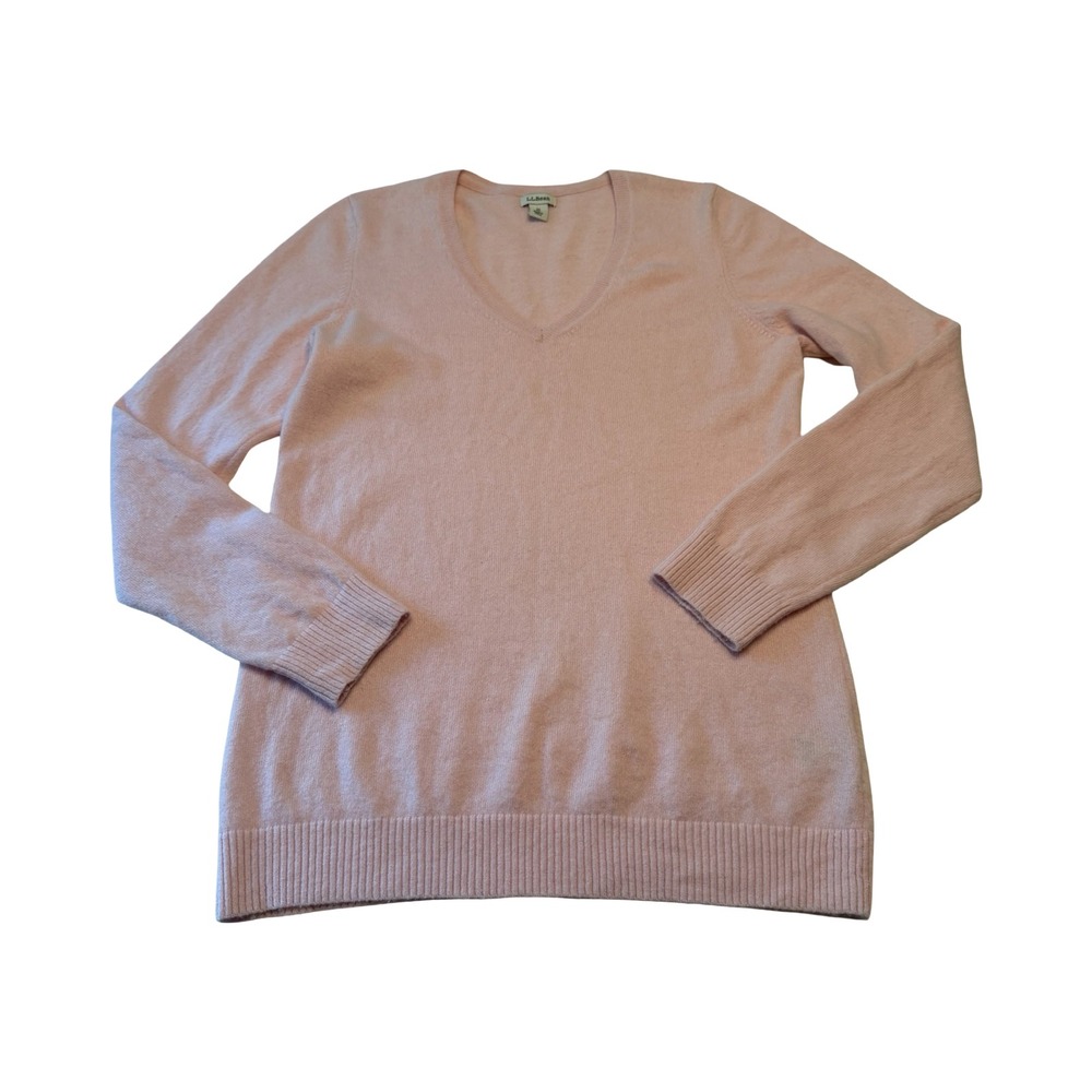LL Bean Womens Baby Pink 100% Cashmere V-Neck Long Sleeve Sweater Medium